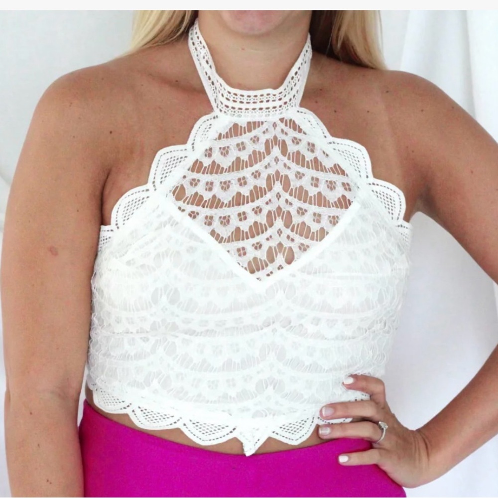 Blue Blush White Embellished Cropped Top